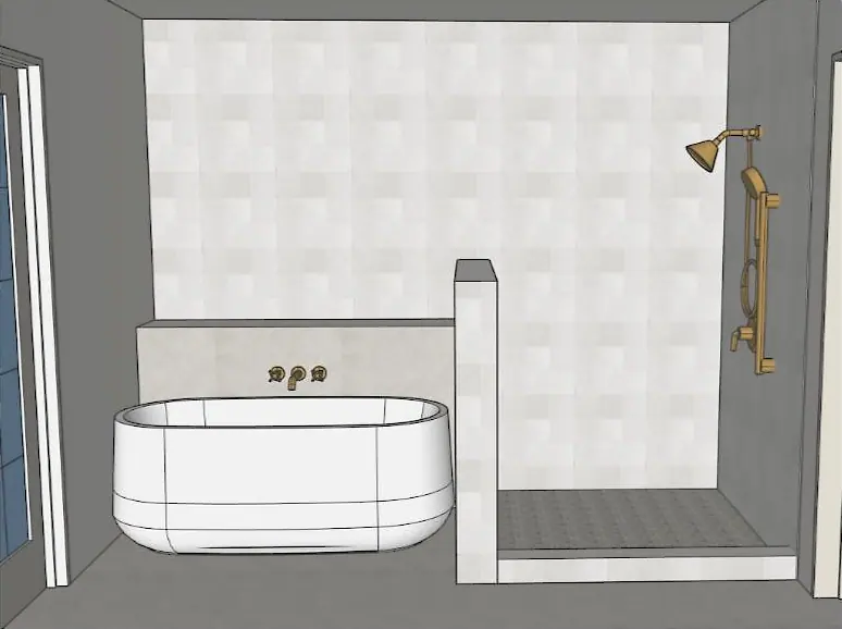 A 3D color rendering of the same bath wall: square white tile, a stone ledge, brushed-gold fittings and a pony wall into the shower.