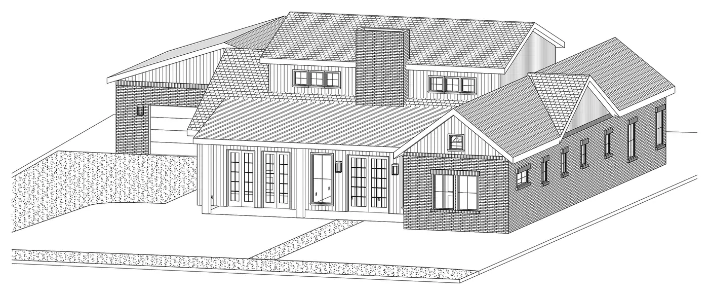 A 3D line model of a one-and-a-half-story house with a metal-roofed front porch, a brick wing with a gable, dormer windows and a garage behind, drawn without color.