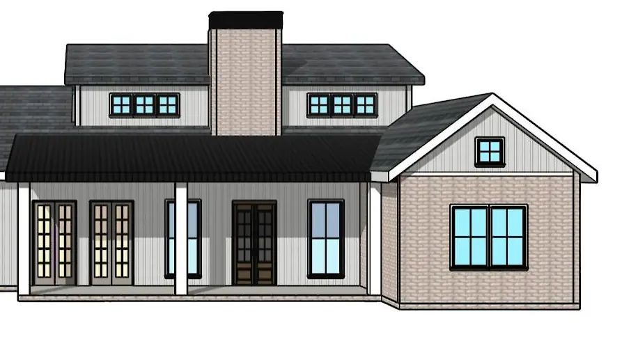 A 3D color rendering of the front of the same house: gray shingle roof, black metal porch roof, board-and-batten siding, a brick gable wing, the brick chimney and wood entry doors.