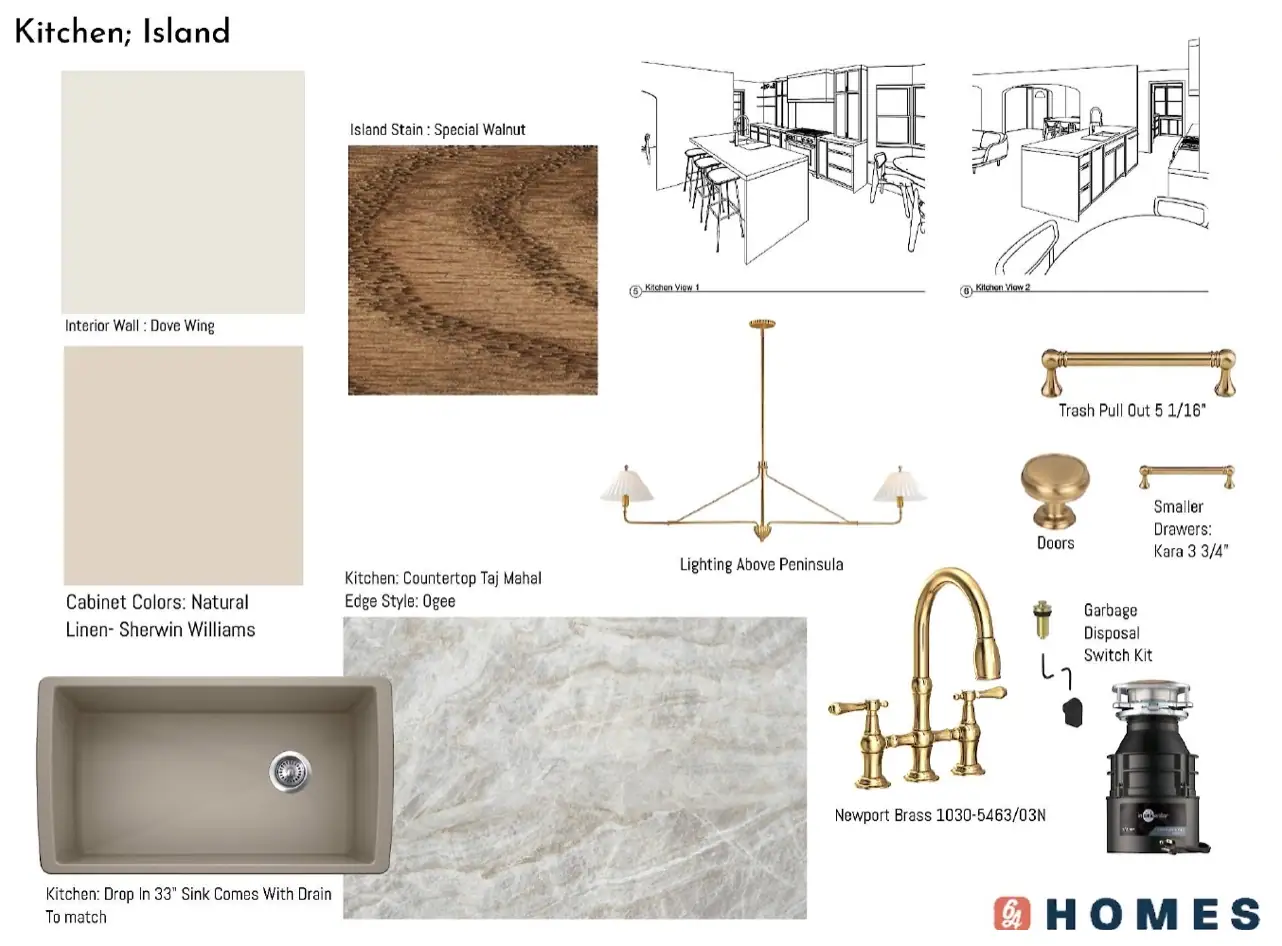 One of our kitchen design boards: two 3D line views of the layout, paint and stain swatches, a quartzite counter sample, the pendant, brass pulls, a brass bridge faucet, the sink and a disposal.