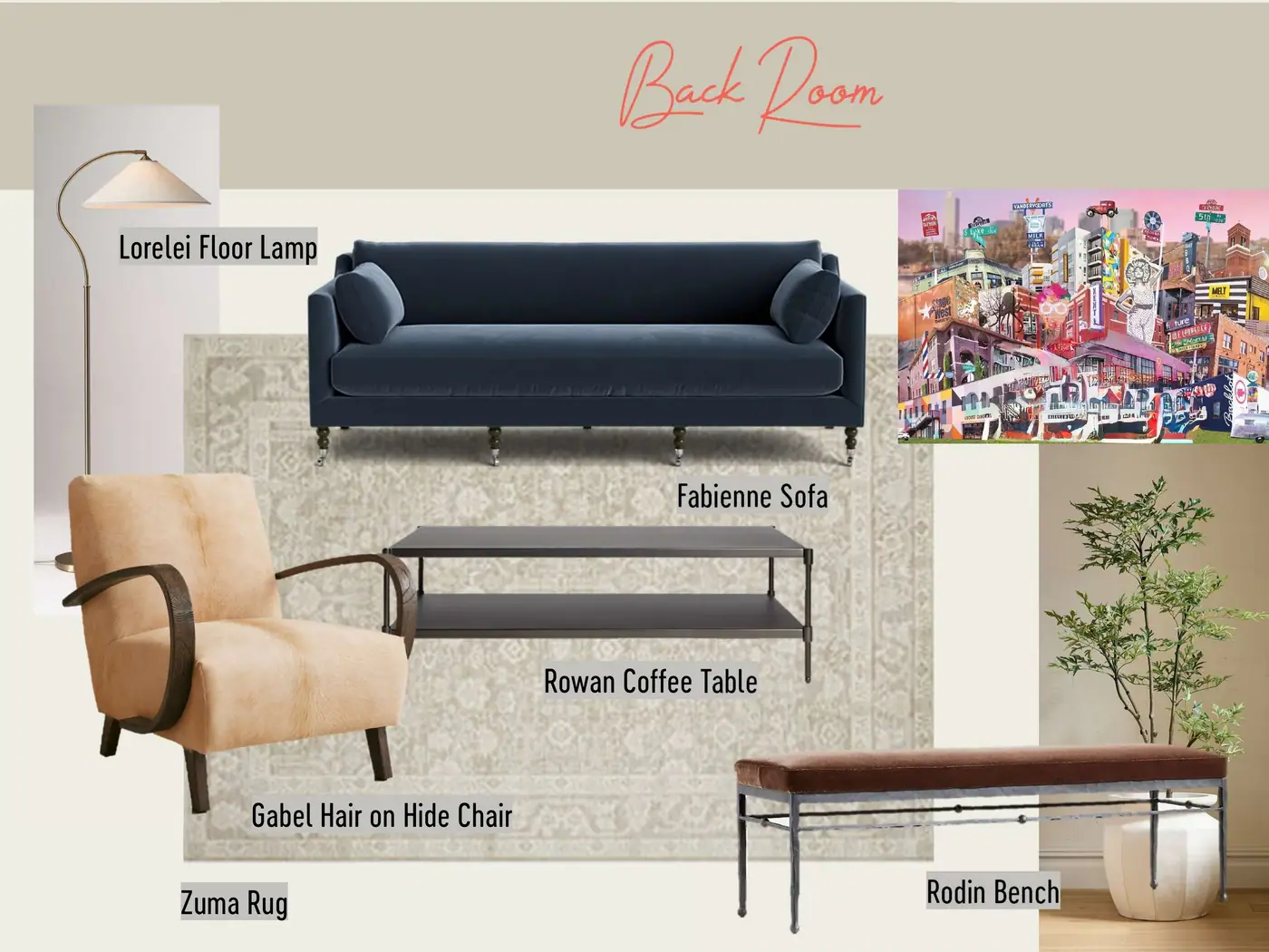 Design board for a back room: a navy sofa, a black steel coffee table, a rug, a hide lounge chair and a floor lamp, each piece labeled.