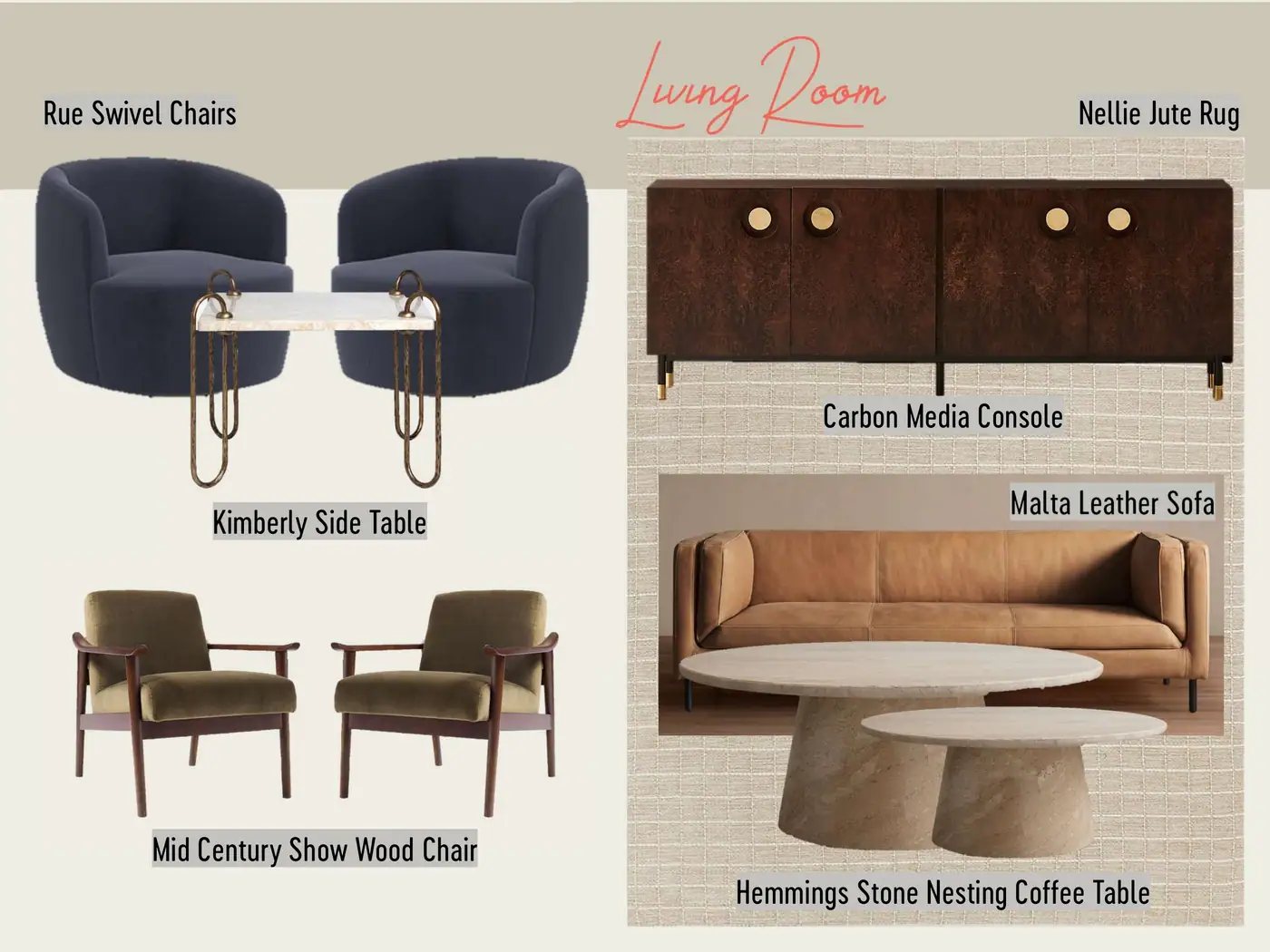 Design board for a living room: two navy swivel chairs with a brass and stone side table between them, a leather sofa, a dark wood media console and stone nesting coffee tables, each piece labeled.