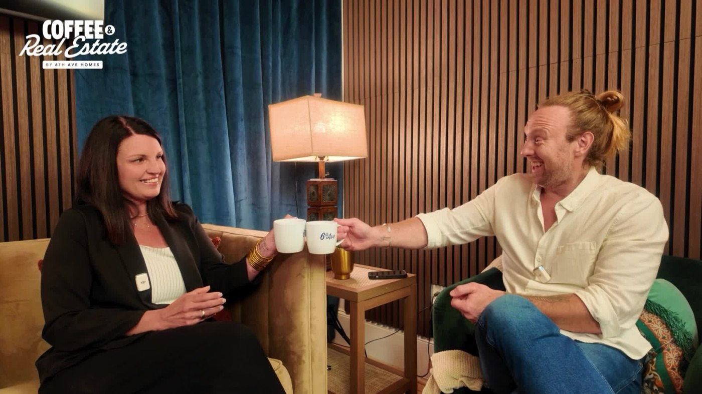 Jamey Ice clinking 6th Ave mugs with a guest on the Coffee & Real Estate set