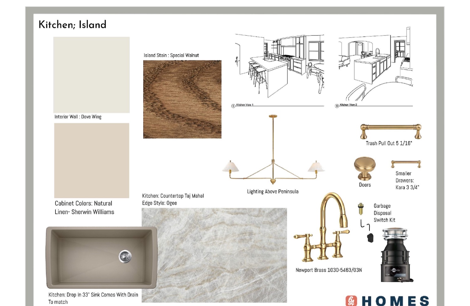 A 6th Ave Homes kitchen design board with 3D renderings and finish selections