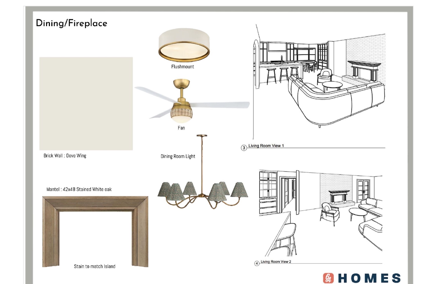 A 6th Ave Homes design board with 3D renderings for a Fort Worth dining and living space