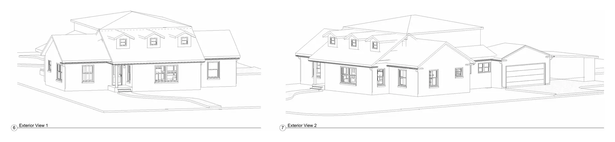 Two 3D line drawings from the same set showing the house with its new upstairs and three front dormers