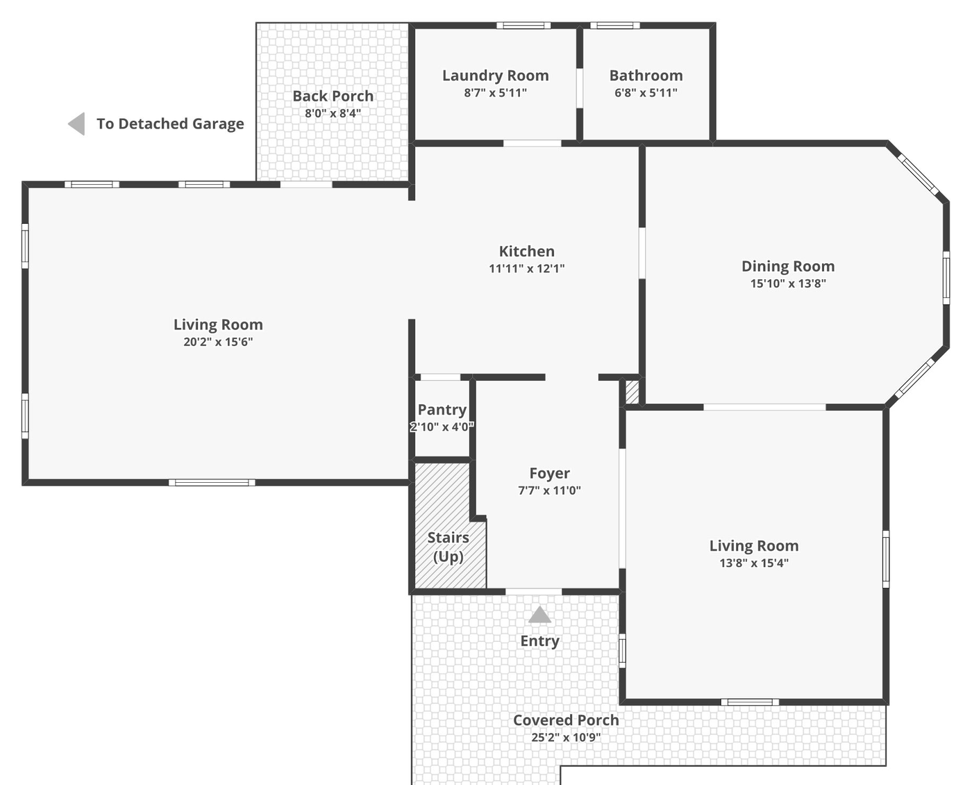 Level one floor plan of a two-storey Fort Worth home: living room, kitchen, dining room, foyer, laundry, covered porch, with room dimensions