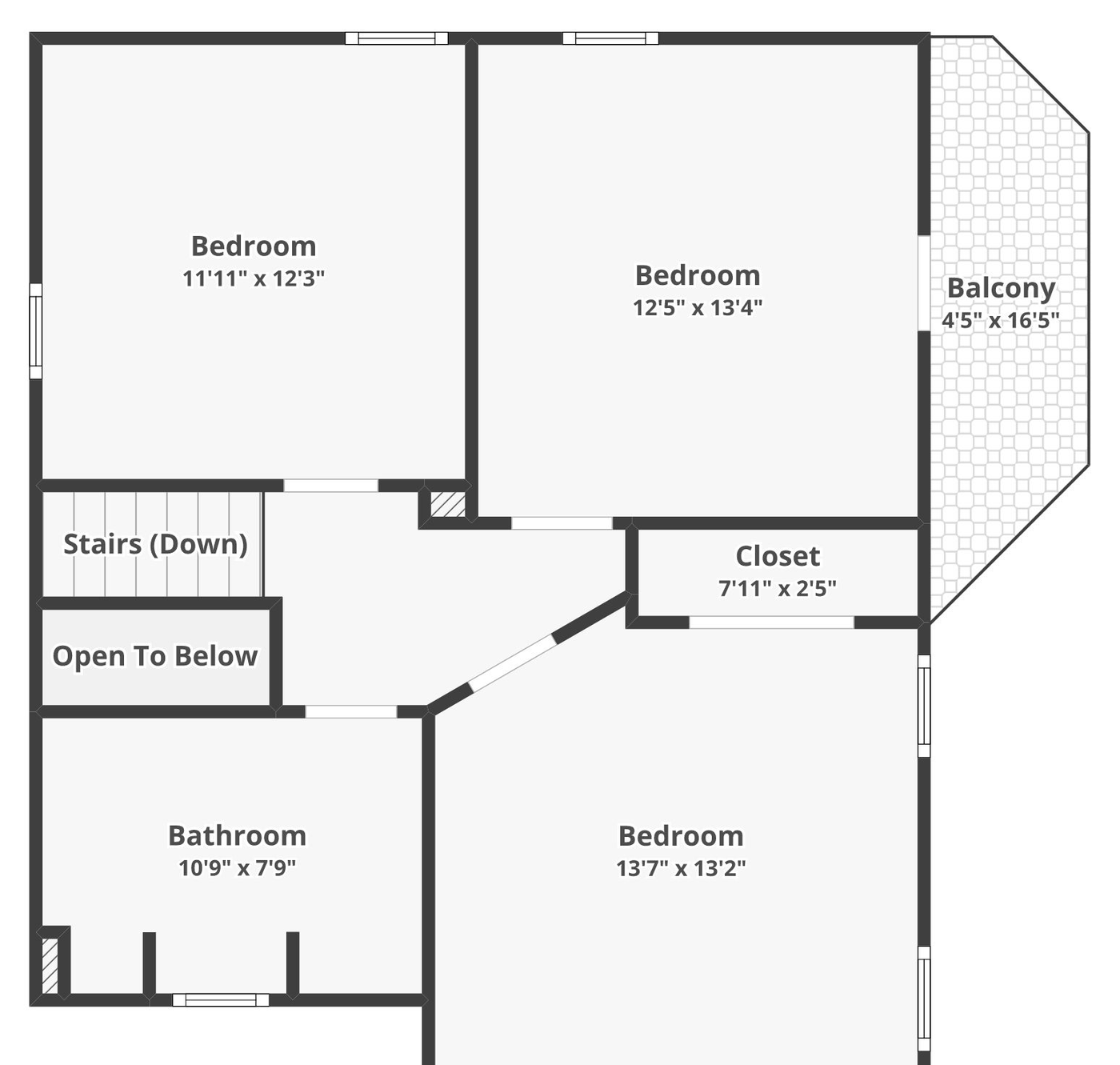 Level two floor plan of a two-storey Fort Worth home: three bedrooms, bathroom, closet and a balcony, with room dimensions