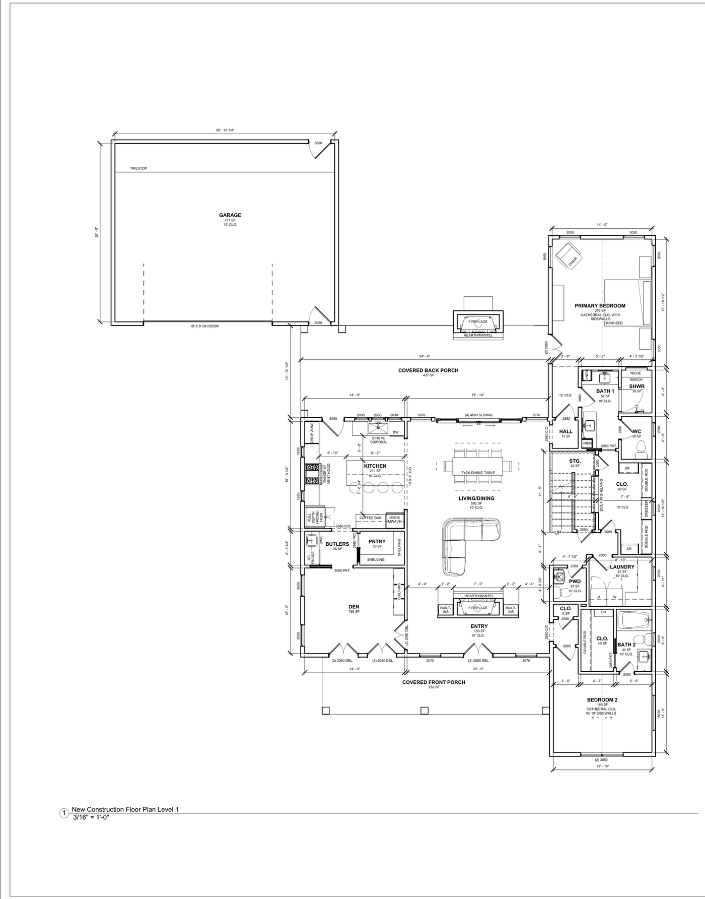 Level one construction floor plan: garage, covered front and back porches, kitchen with butler’s pantry, living and dining, primary bedroom and two baths, with room dimensions and window schedules marked