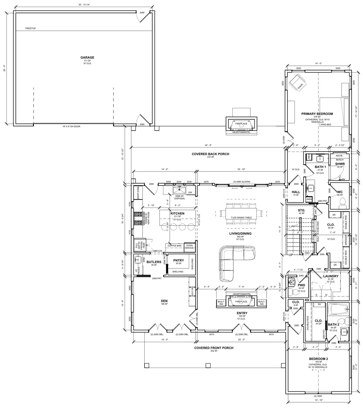 The level one floor plan of the same house: a garage, covered front and back porches, the kitchen, living and dining rooms and the primary bedroom, with every room dimensioned