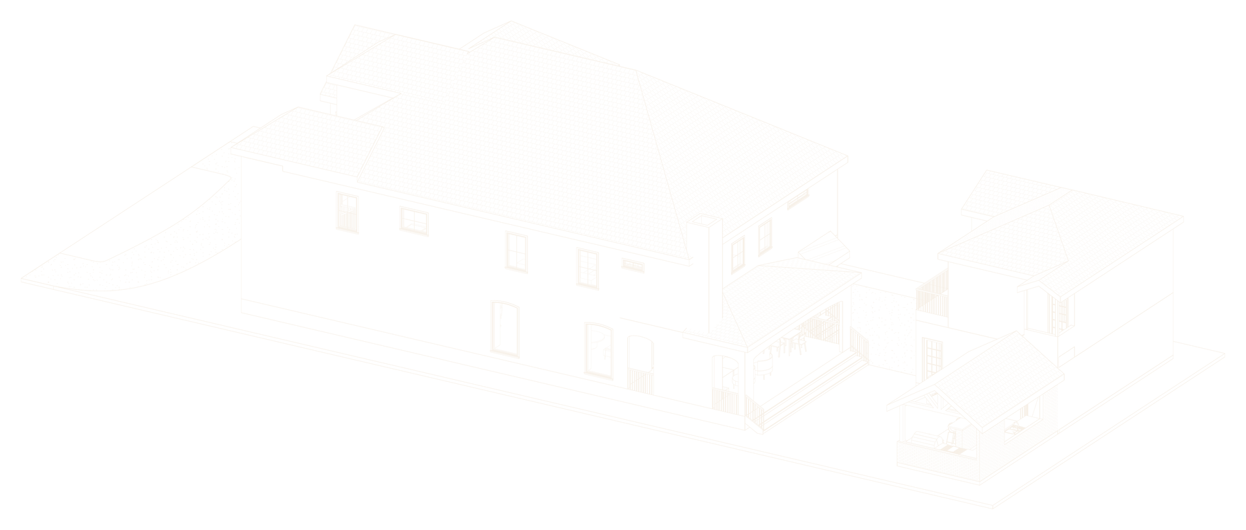 A 3D drawing of a new two-story house from the back, with its covered patio and a gazebo, from a 6th Ave Homes plan set