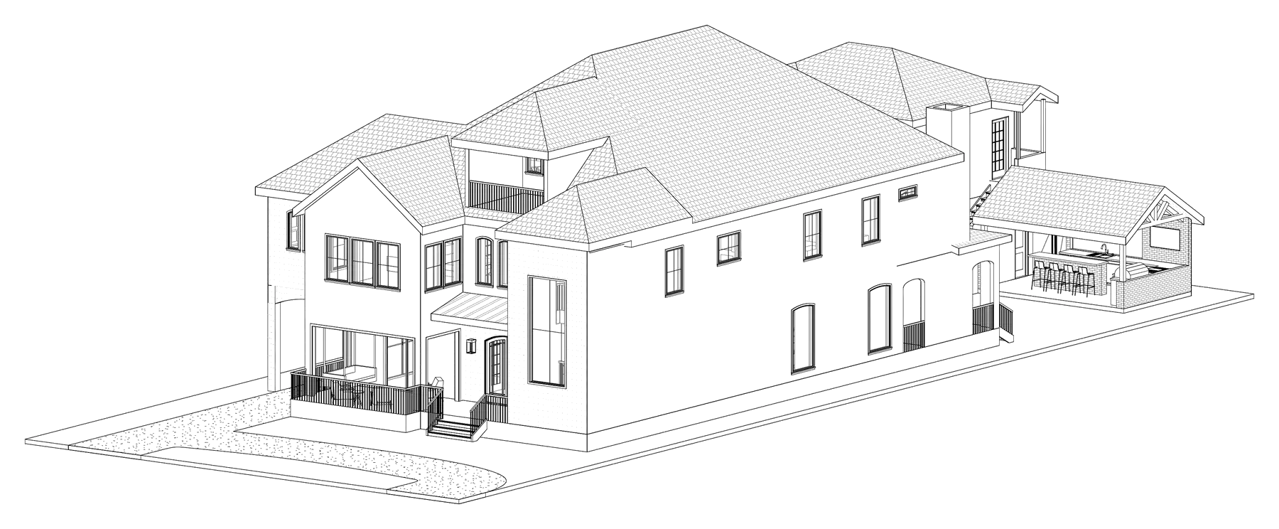 Line drawing of the house from the street side, showing the gabled front, the covered porch, and the stair tower.
