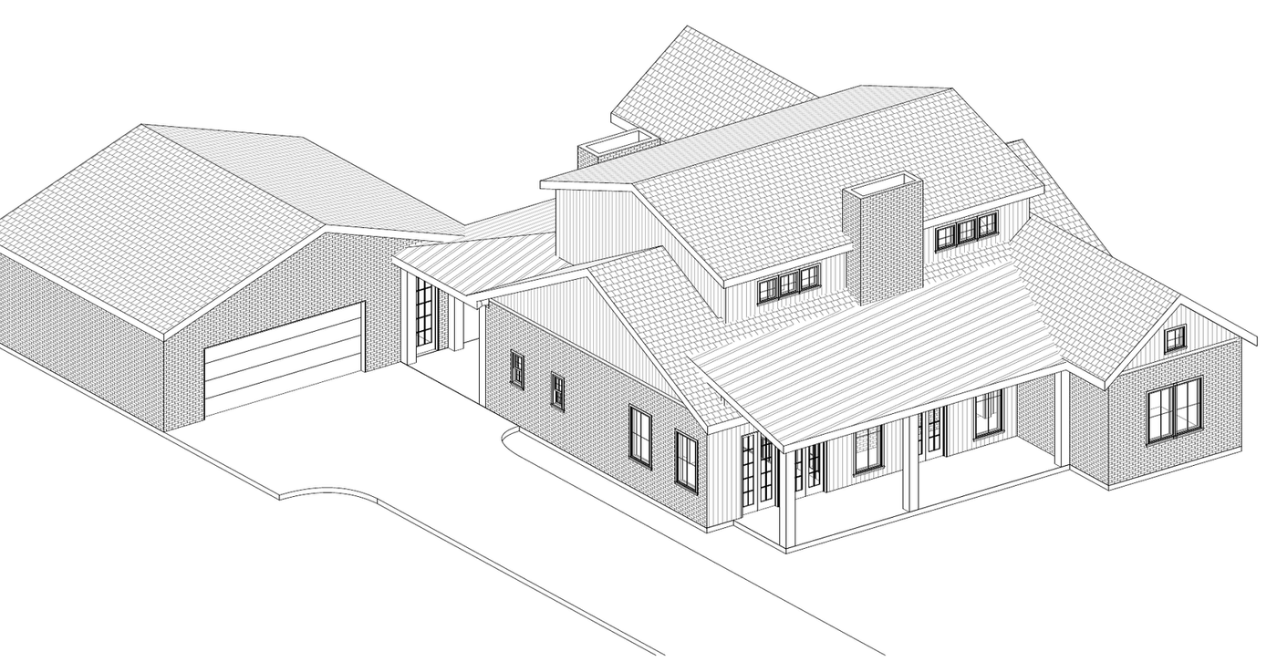 Three-dimensional line drawing of a house exterior: brick and board-and-batten elevations, standing-seam and shingle roofs, a covered porch and a detached garage