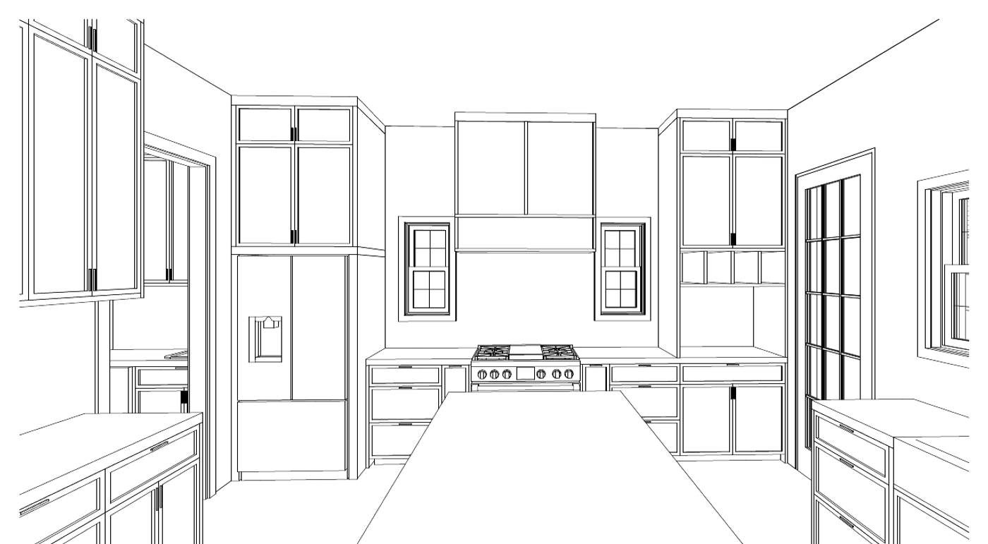 Three-dimensional line drawing of a kitchen: range and vent hood centred between windows, full-height cabinetry, an island, and a doorway through to the next room