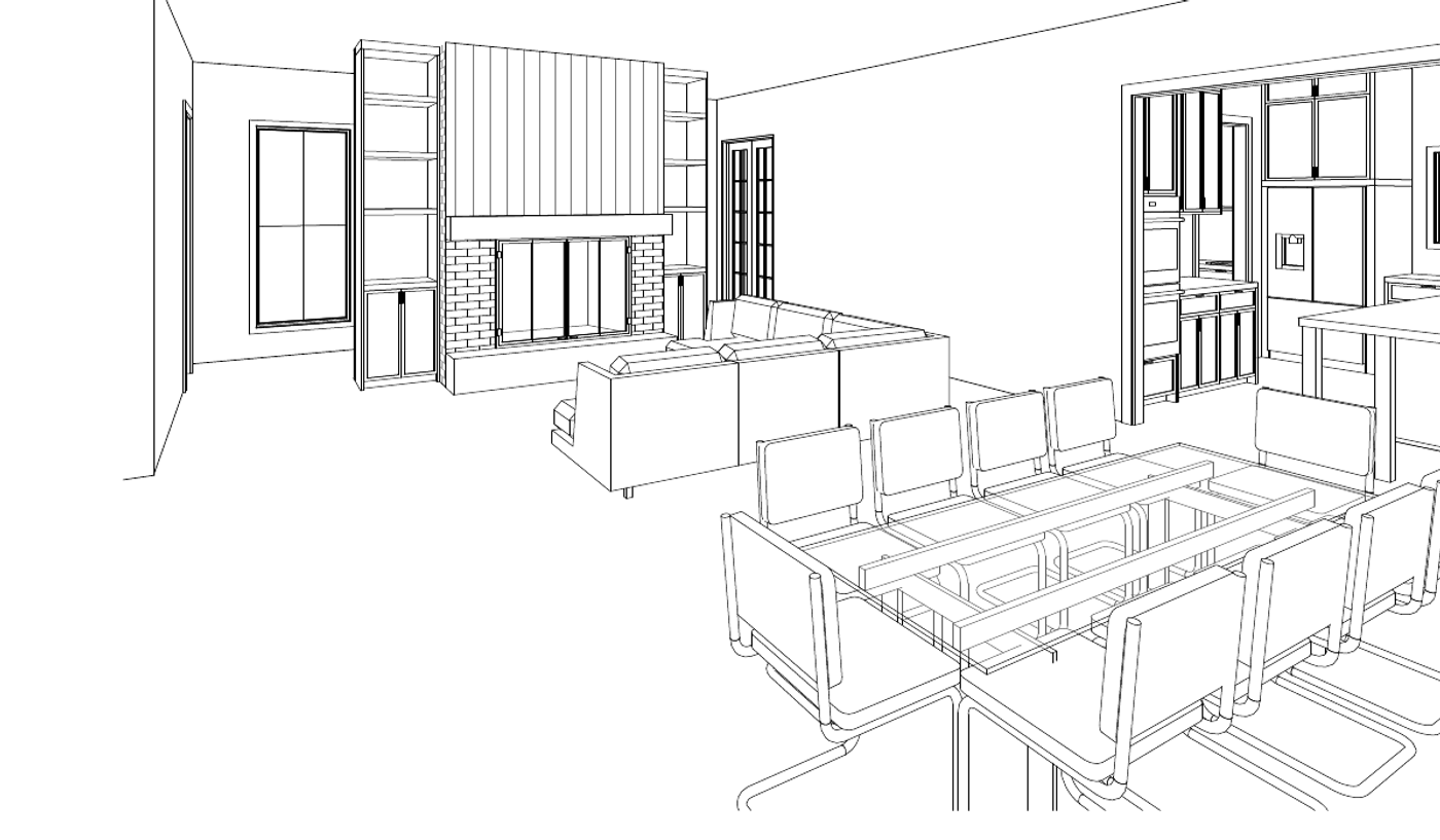 Three-dimensional line drawing of an open living and dining space: a fireplace with flanking built-in shelving, a sofa, a long dining table, and a kitchen beyond