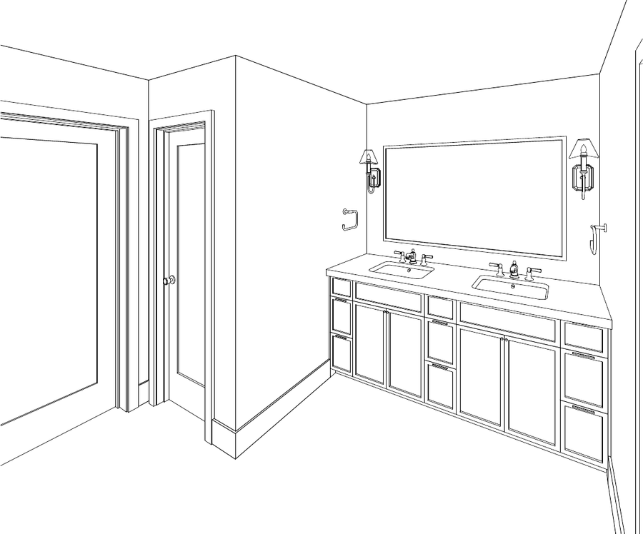 Three-dimensional line drawing of a primary bathroom: a double vanity with panelled cabinetry, a wide mirror between wall sconces, and a doorway through to the closet