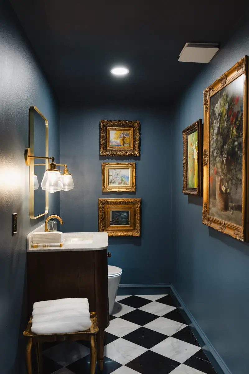 Bathroom with slate blue walls, a black and white checkerboard marble floor, a brass sconce and a gallery of gilt-framed paintings